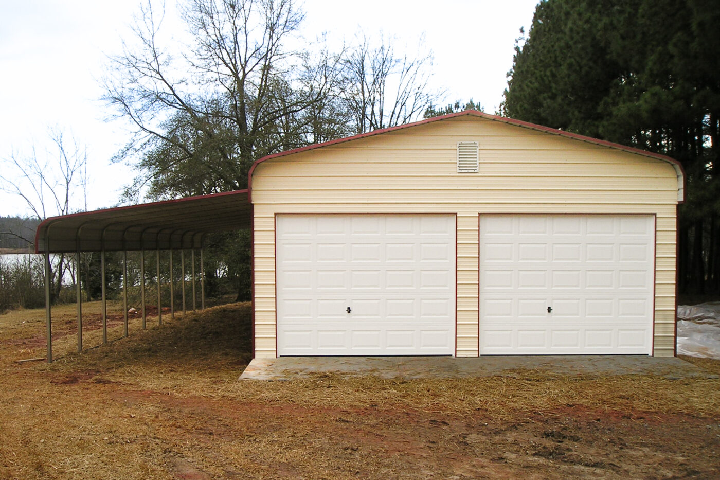 exterior of a quality 2-car carport shed in SC for sale